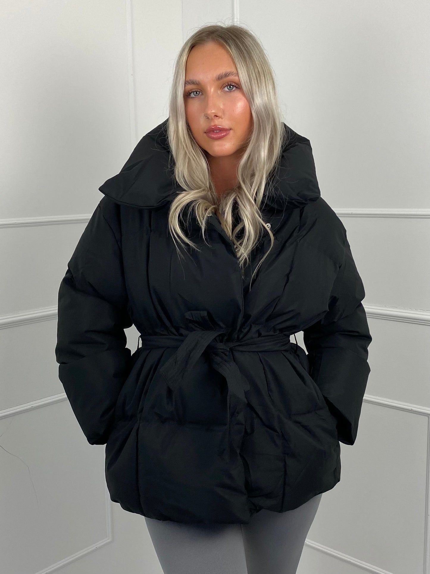 Karly Short Belted Puffer Jacket - Black