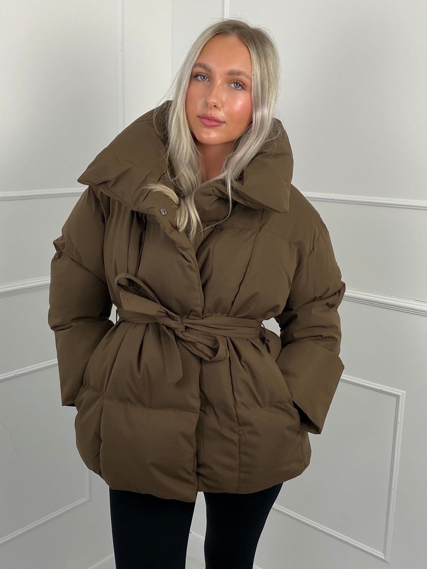 Karly Short Belted Puffer Jacket - Brown