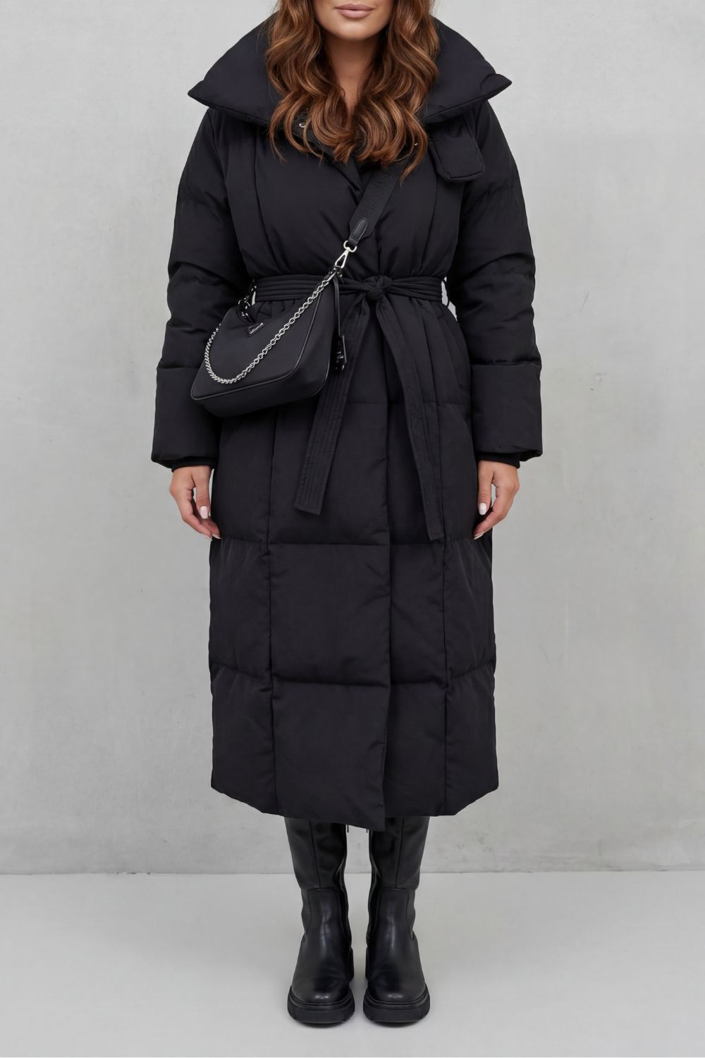 Lilian Belted Hooded Longline Puffer Coat - Black