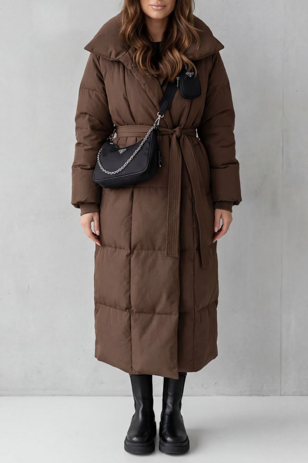 Lilian Belted Hooded Longline Puffer Coat - Brown