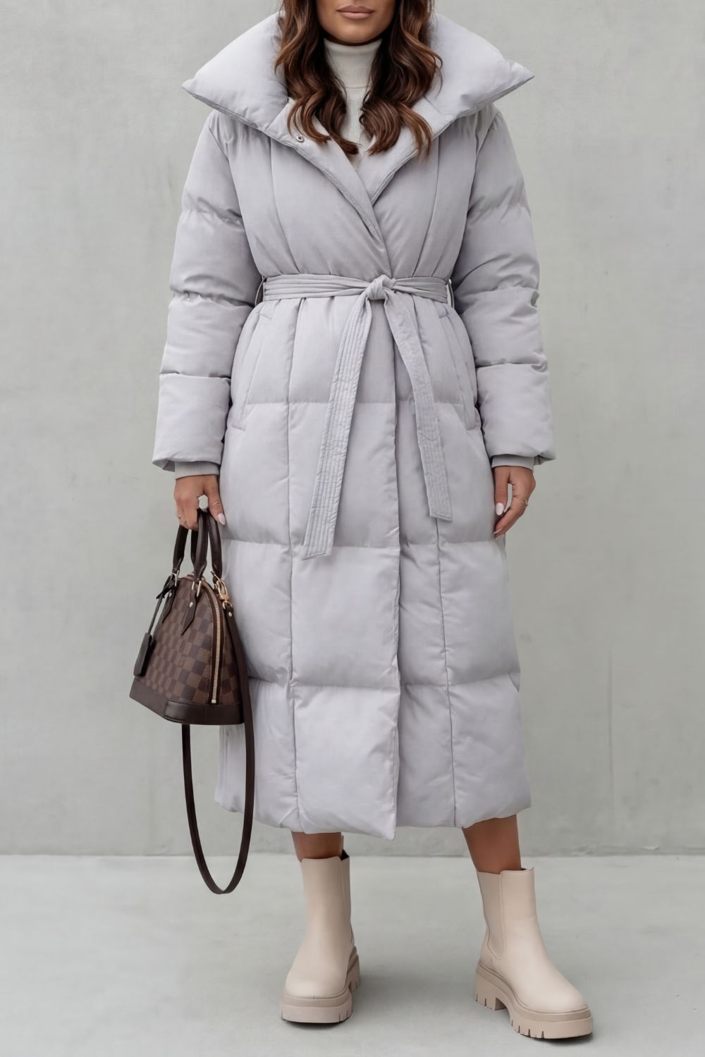 Lilian Belted Hooded Longline Puffer Coat - Gray