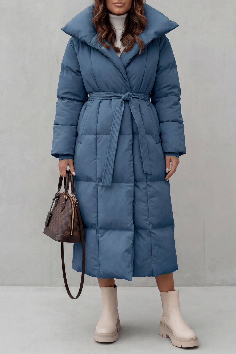 Lilian Belted Hooded Longline Puffer Coat - Blue