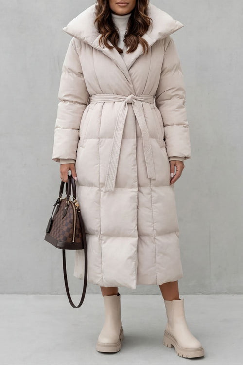 Lilian Belted Hooded Longline Puffer Coat - Cream