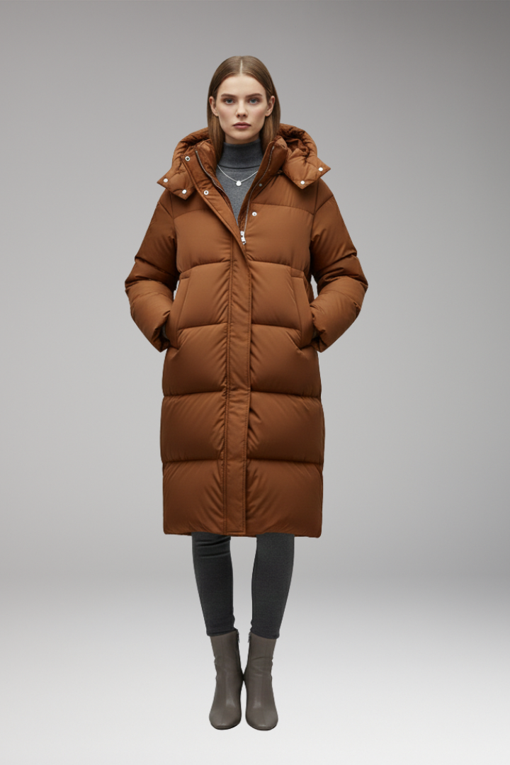 Mabel Long Quilted Hooded Puffer Jacket - Brown