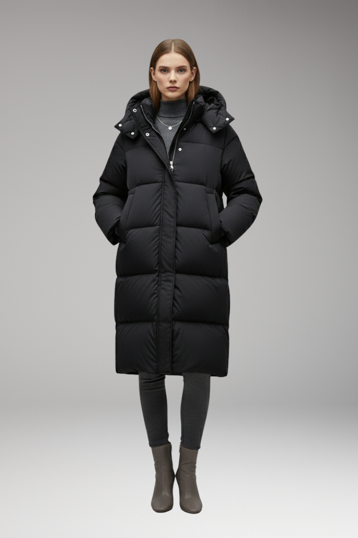 Mabel Long Quilted Hooded Puffer Jacket - Black