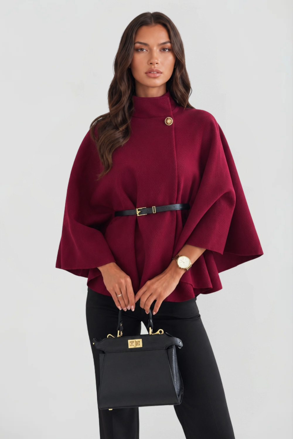 Madison Belted Oversized Wool Cape Coat - Wine Red