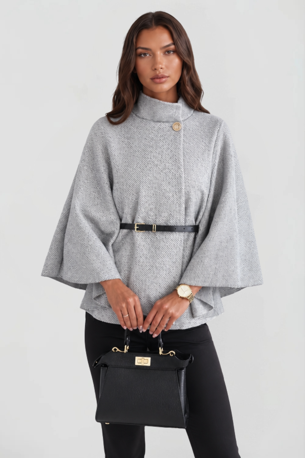 Madison Belted Oversized Wool Cape Coat - Light Gray