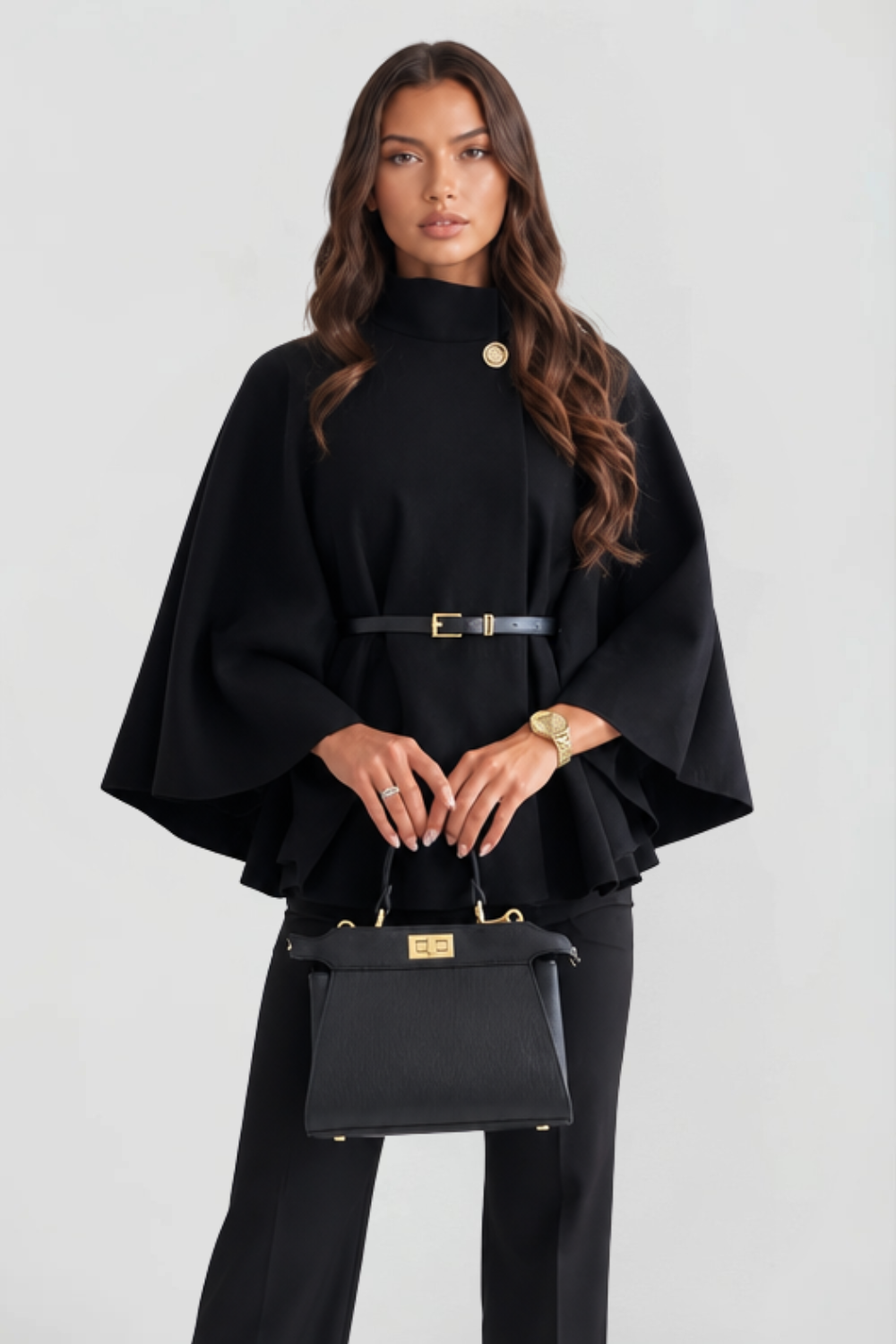 Madison Belted Oversized Wool Cape Coat - Black