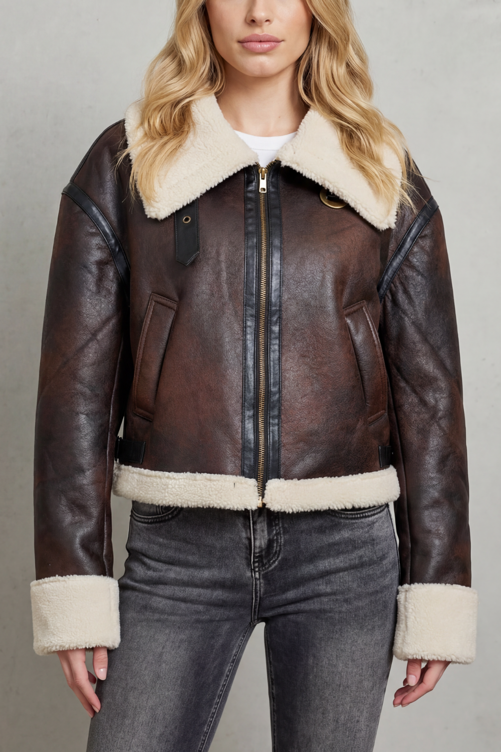 Magen Shearling Trim Cropped Aviator Jacket - Brown