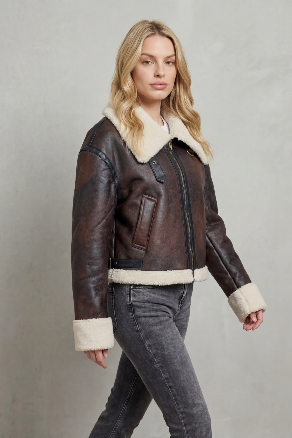 Magen Shearling Trim Cropped Aviator Jacket