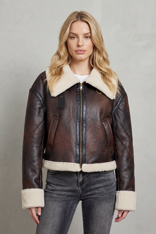 Magen Shearling Trim Cropped Aviator Jacket