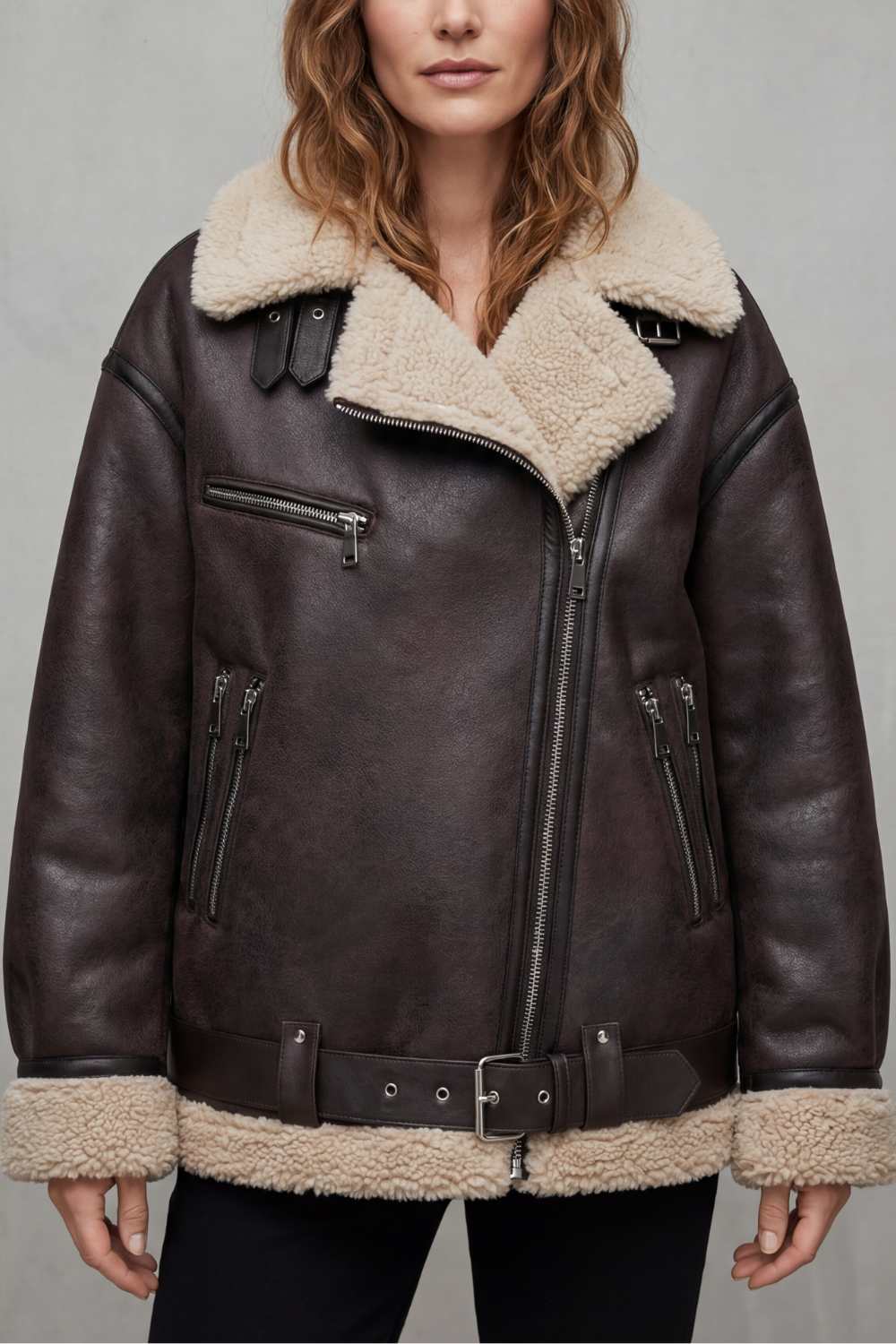 Megan Shearling Collar Oversized Aviator Jacket - Brown