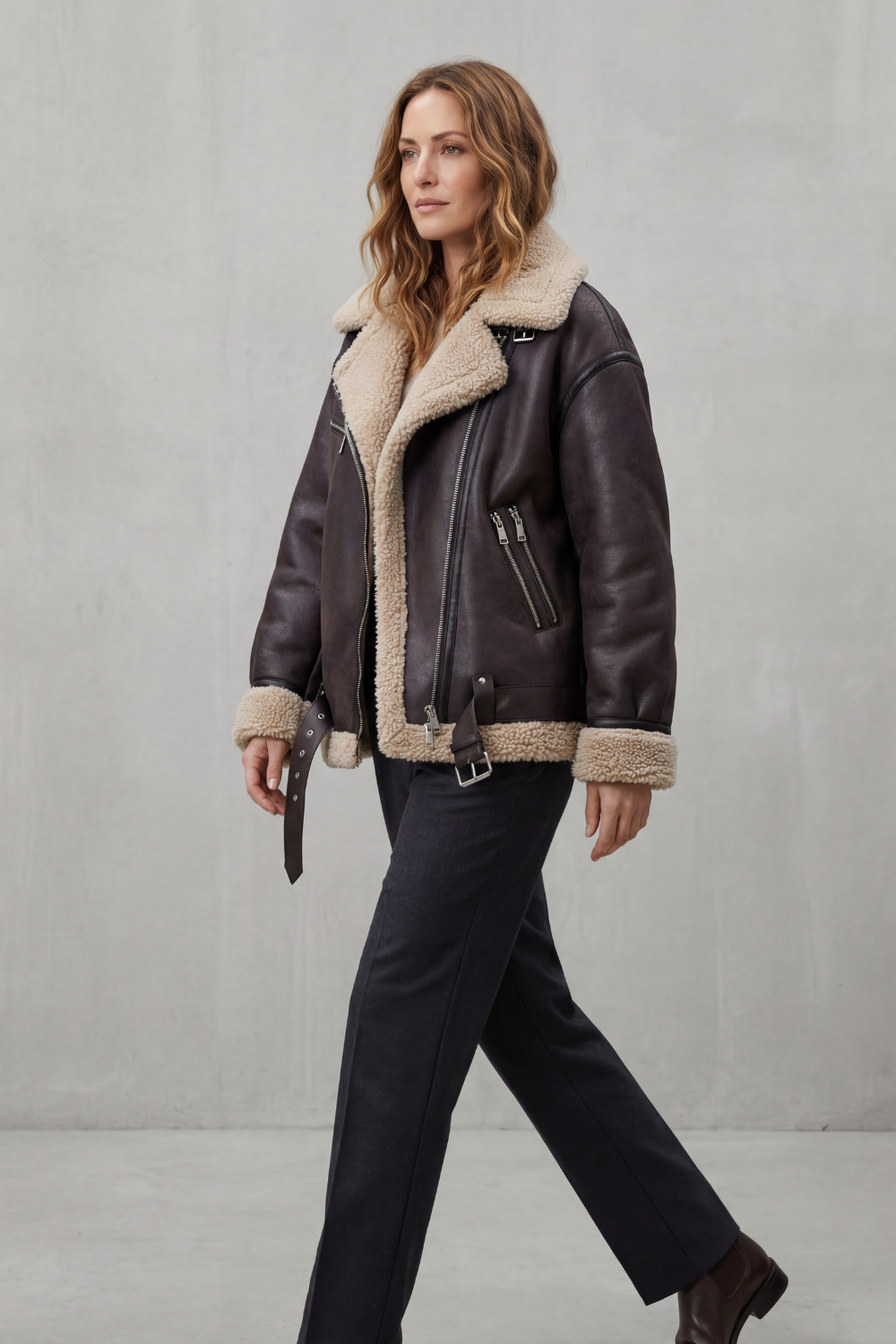 Megan Shearling Collar Oversized Aviator Jacket