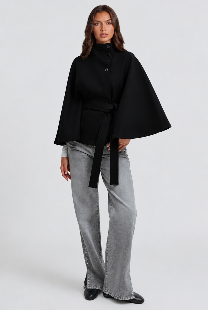 Natalie Belted Tailored Wool Coat - Black
