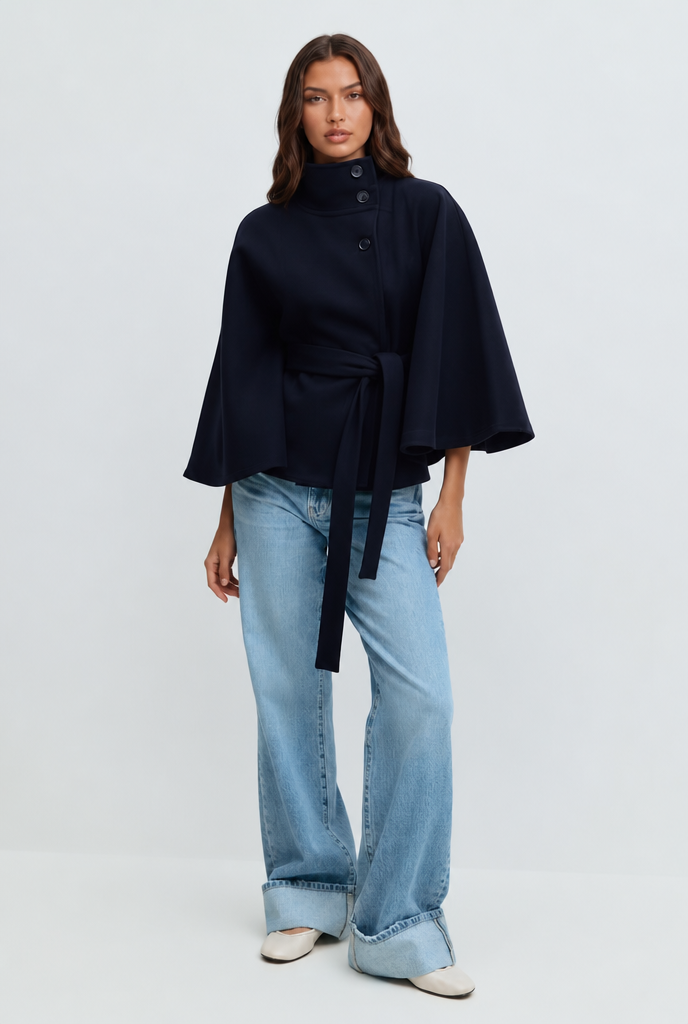 Natalie Belted Tailored Wool Coat - Navy