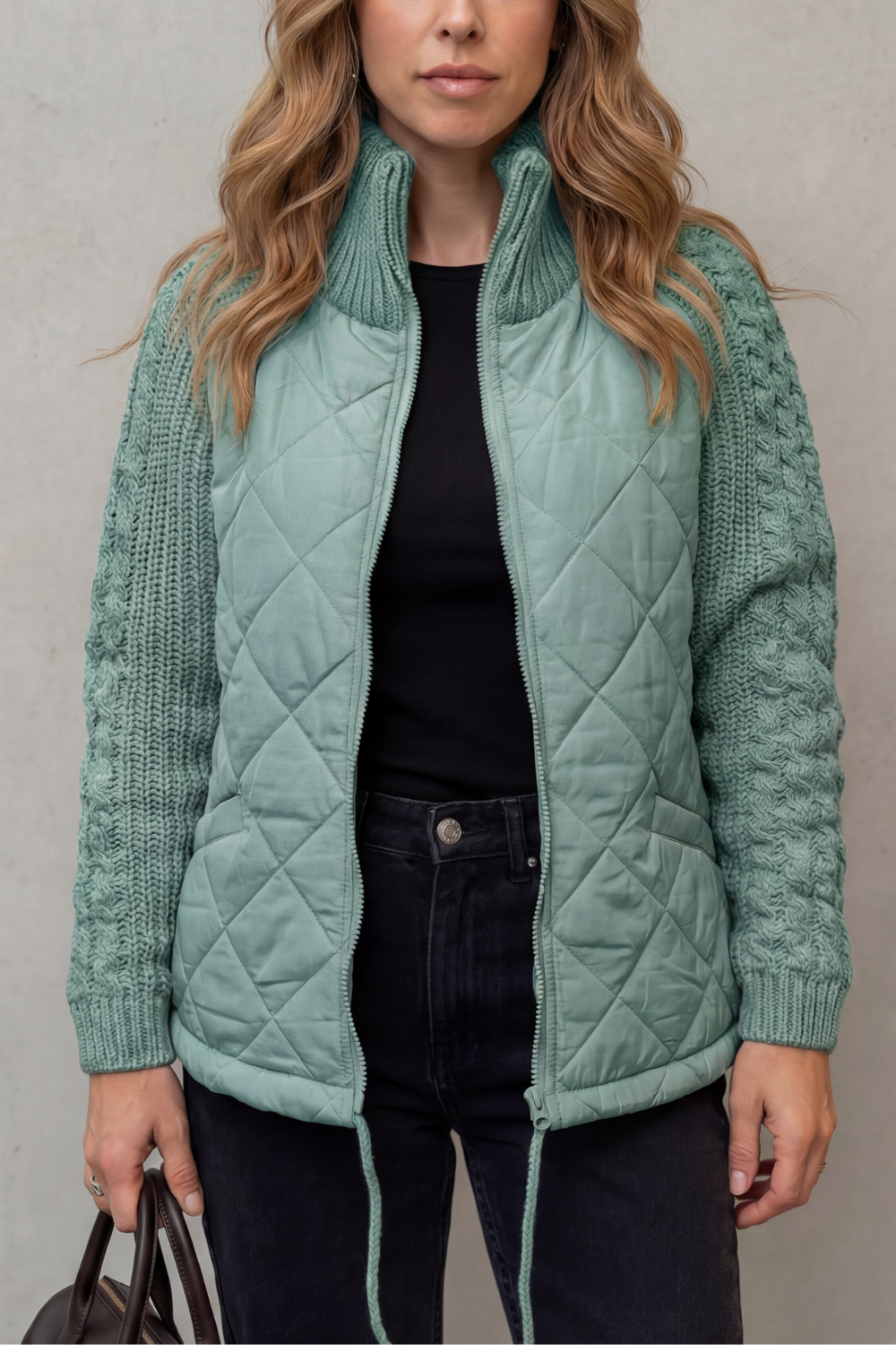 Norcetta Quilted Cable Knit Sleeve Zip Up Jacket - Mint