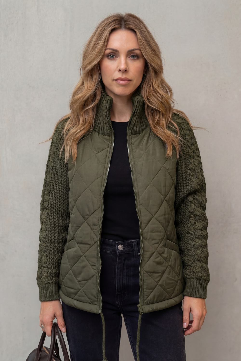 Norcetta Quilted Cable Knit Sleeve Zip Up Jacket