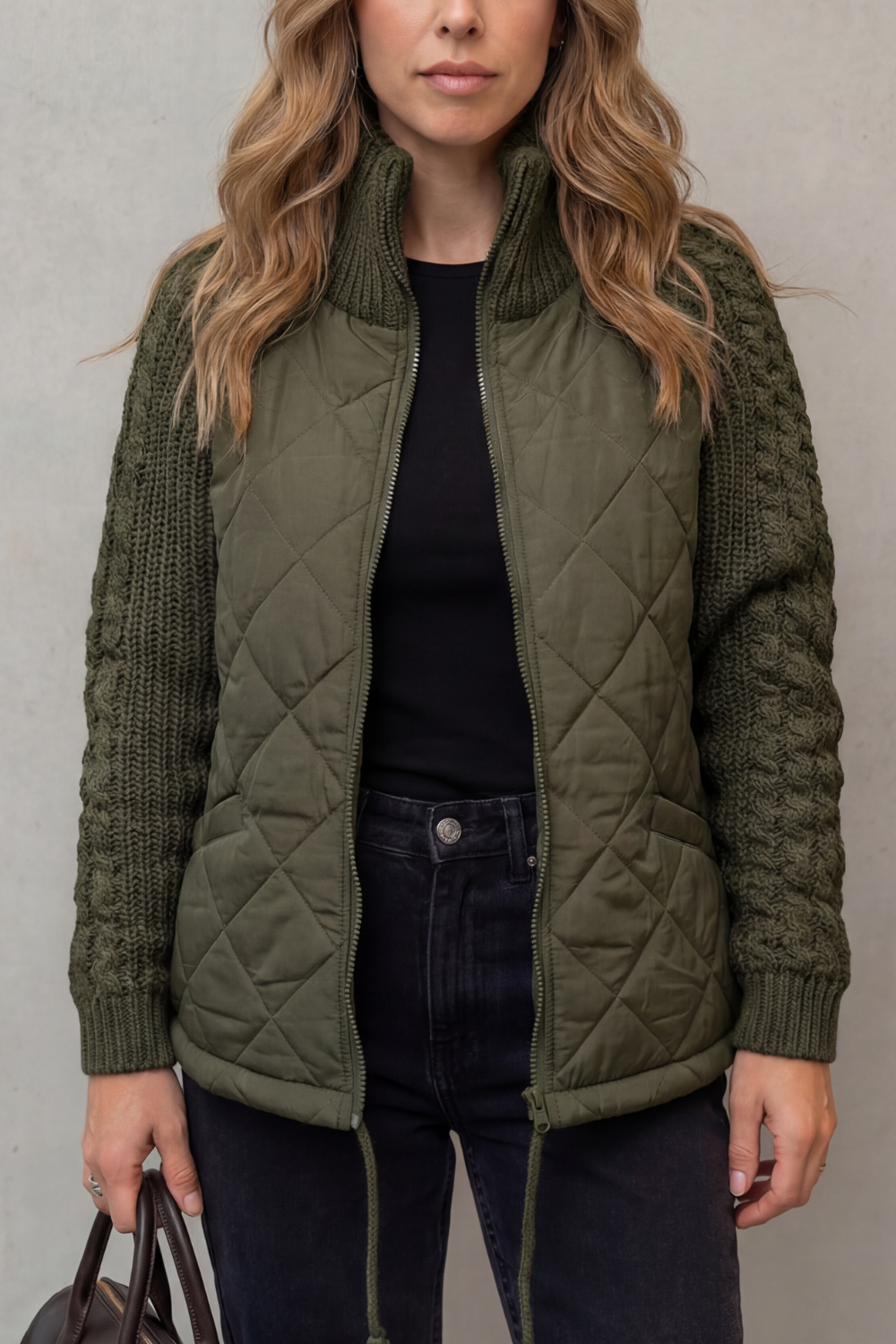 Norcetta Quilted Cable Knit Sleeve Zip Up Jacket - Dark Green