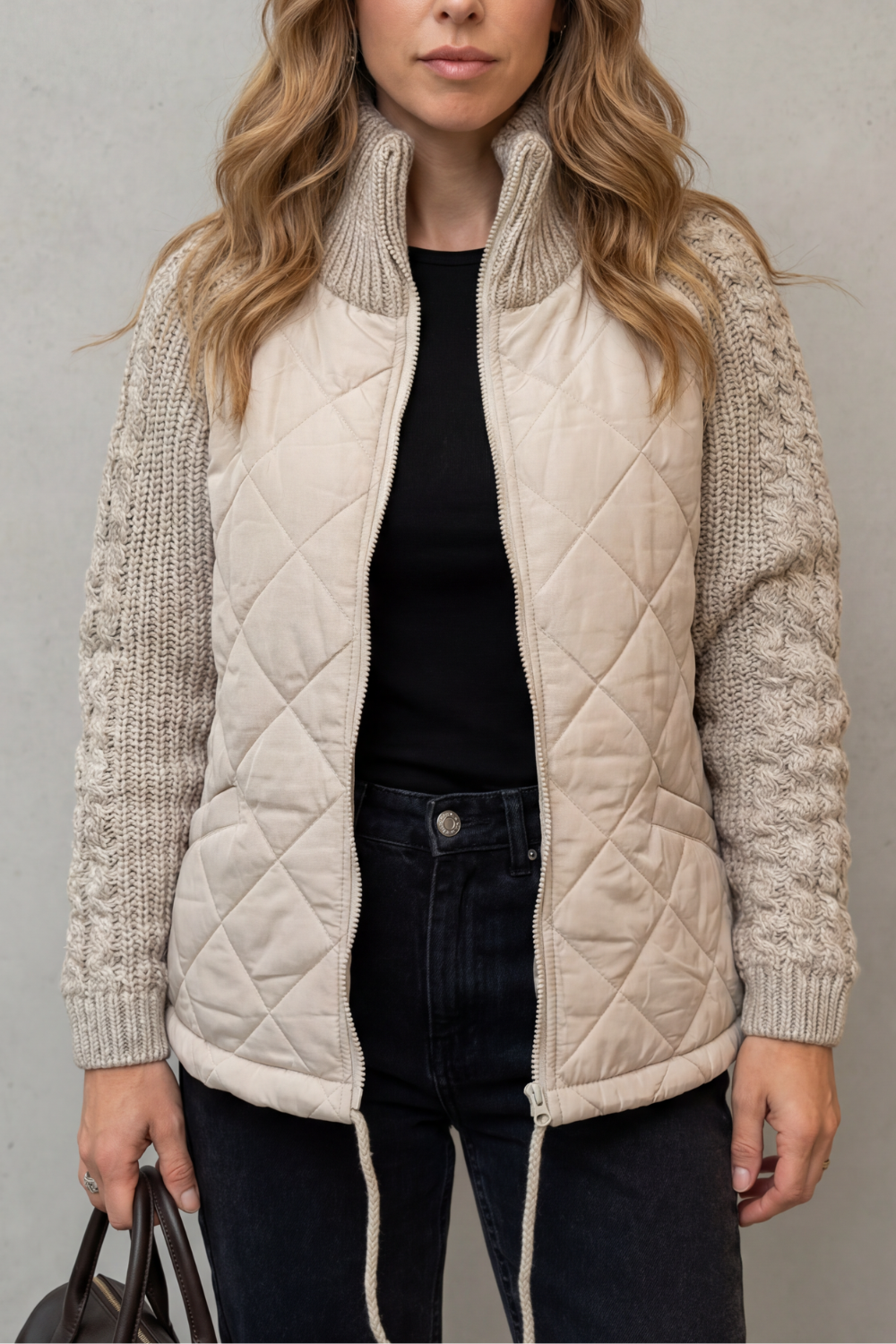 Norcetta Quilted Cable Knit Sleeve Zip Up Jacket - Khaki