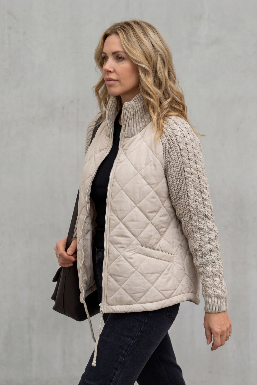 Norcetta Quilted Cable Knit Sleeve Zip Up Jacket