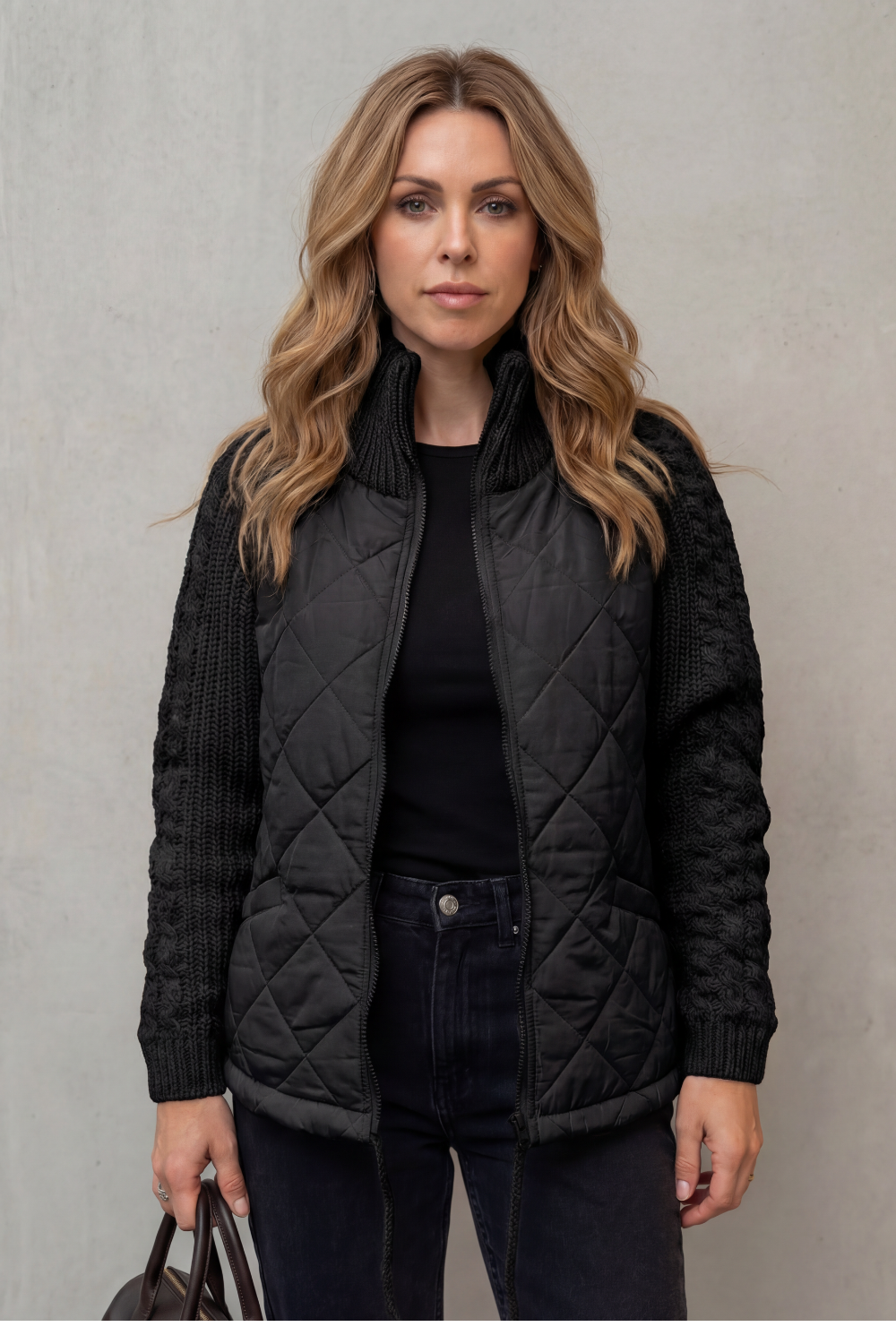 Norcetta Quilted Cable Knit Sleeve Zip Up Jacket