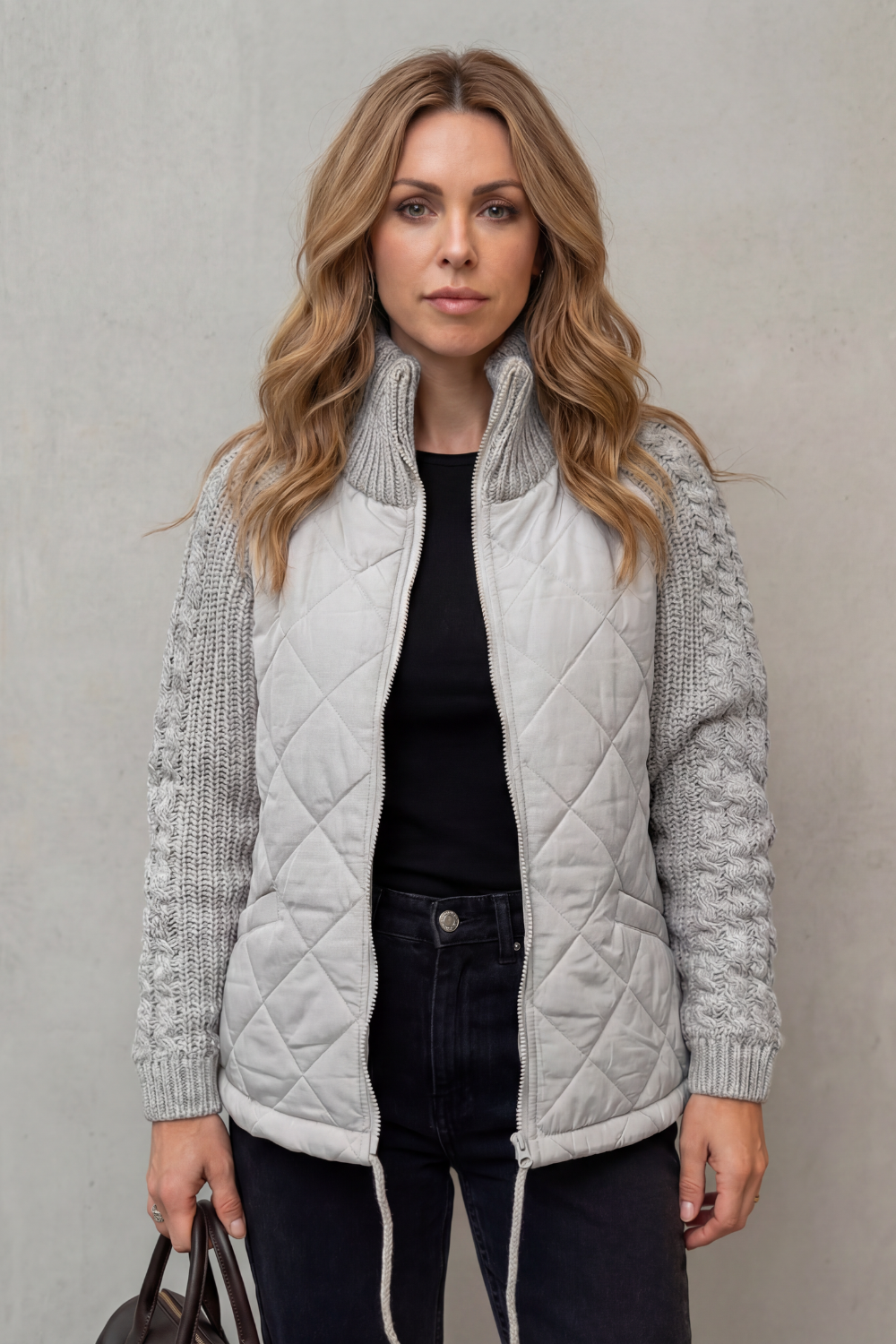 Norcetta Quilted Cable Knit Sleeve Zip Up Jacket
