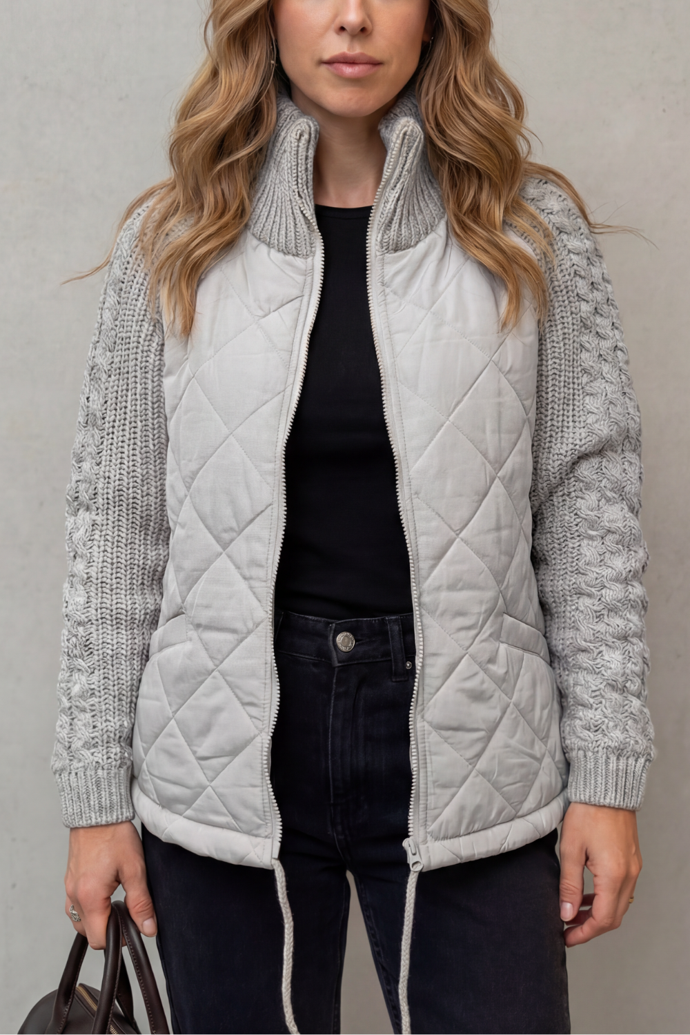 Norcetta Quilted Cable Knit Sleeve Zip Up Jacket - Gray