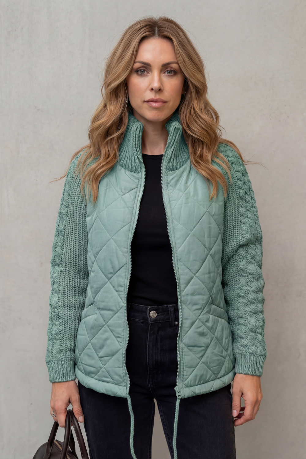 Norcetta Quilted Cable Knit Sleeve Zip Up Jacket