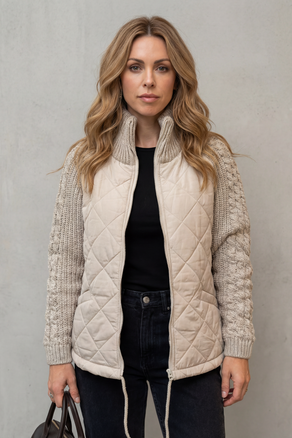 Norcetta Quilted Cable Knit Sleeve Zip Up Jacket