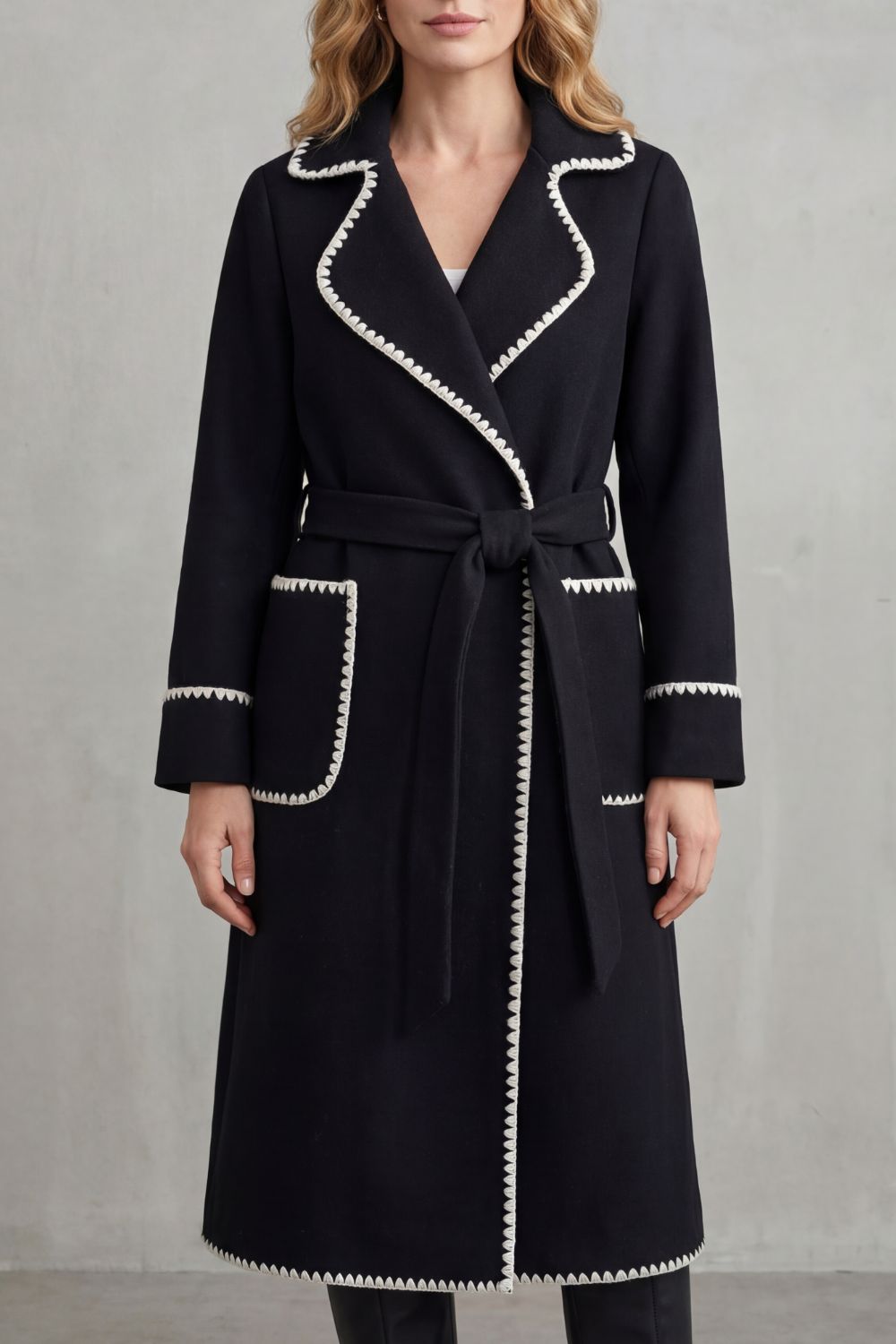 Olivia Contrast Trim Belted Longline Wrap Coat - Black