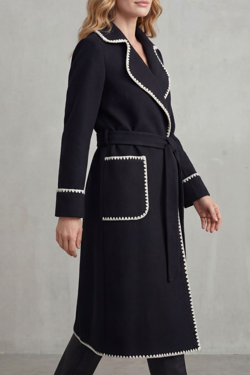 Olivia Contrast Trim Belted Longline Wrap Coat