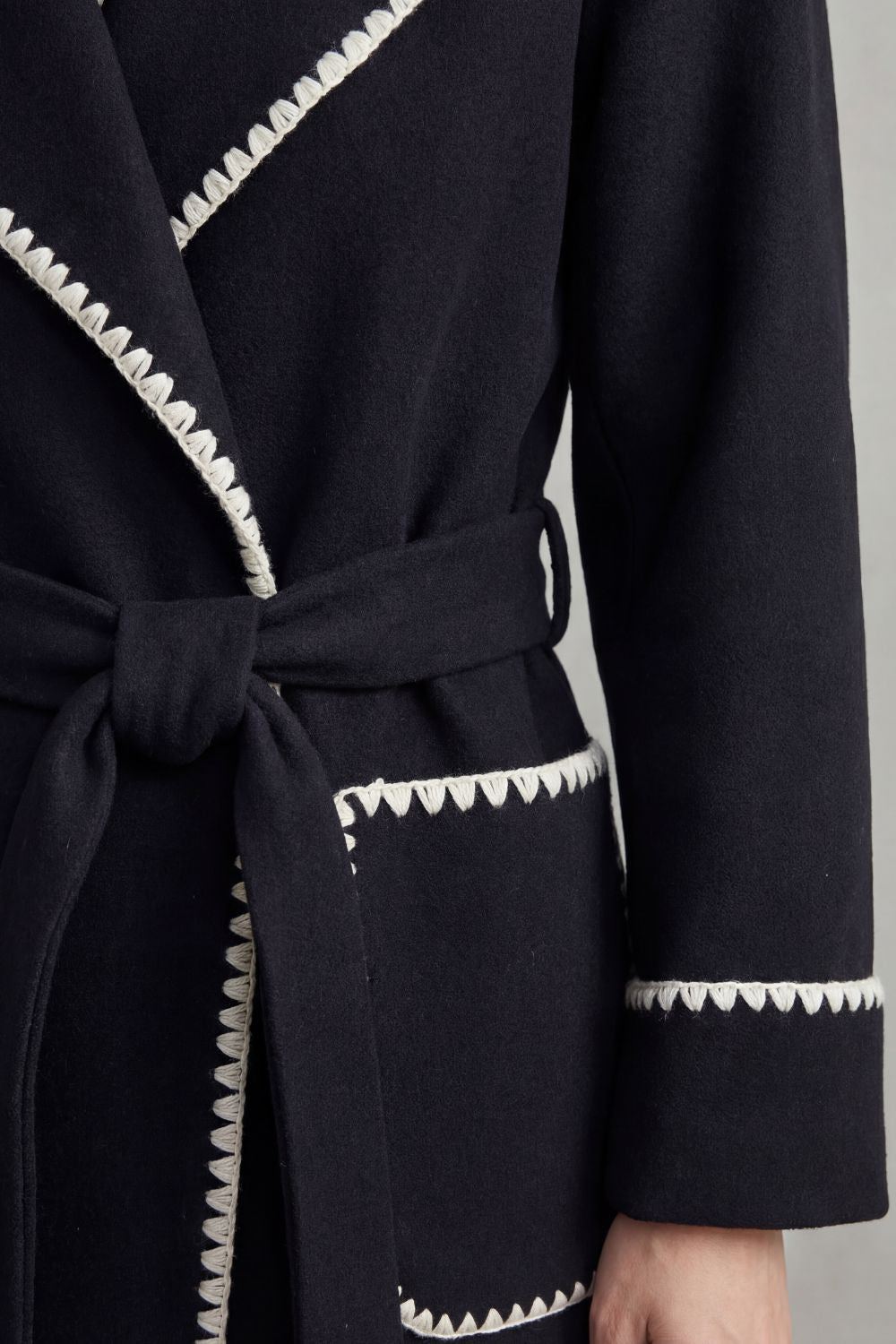 Olivia Contrast Trim Belted Longline Wrap Coat