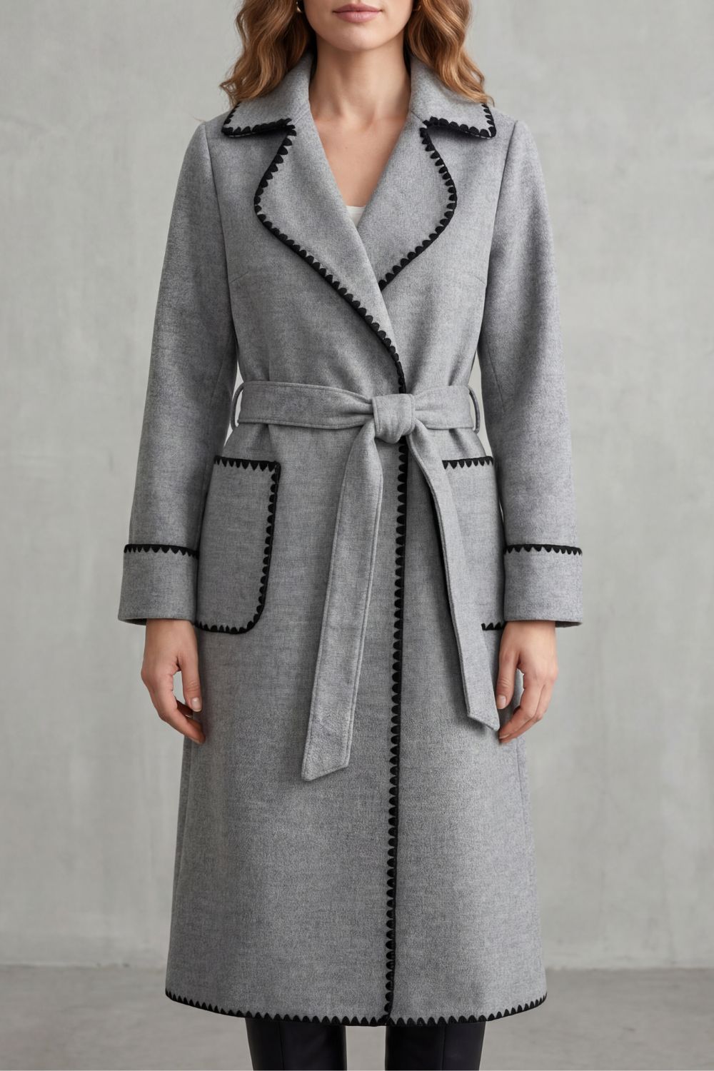 Olivia Contrast Trim Belted Longline Wrap Coat - Gray