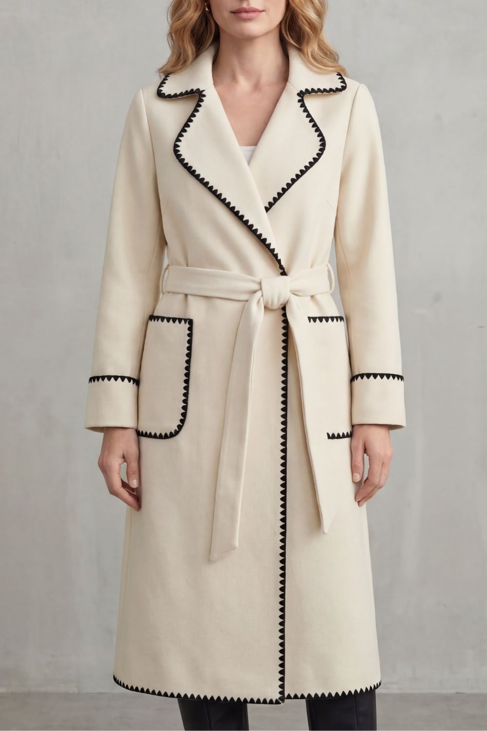 Olivia Contrast Trim Belted Longline Wrap Coat - Cream