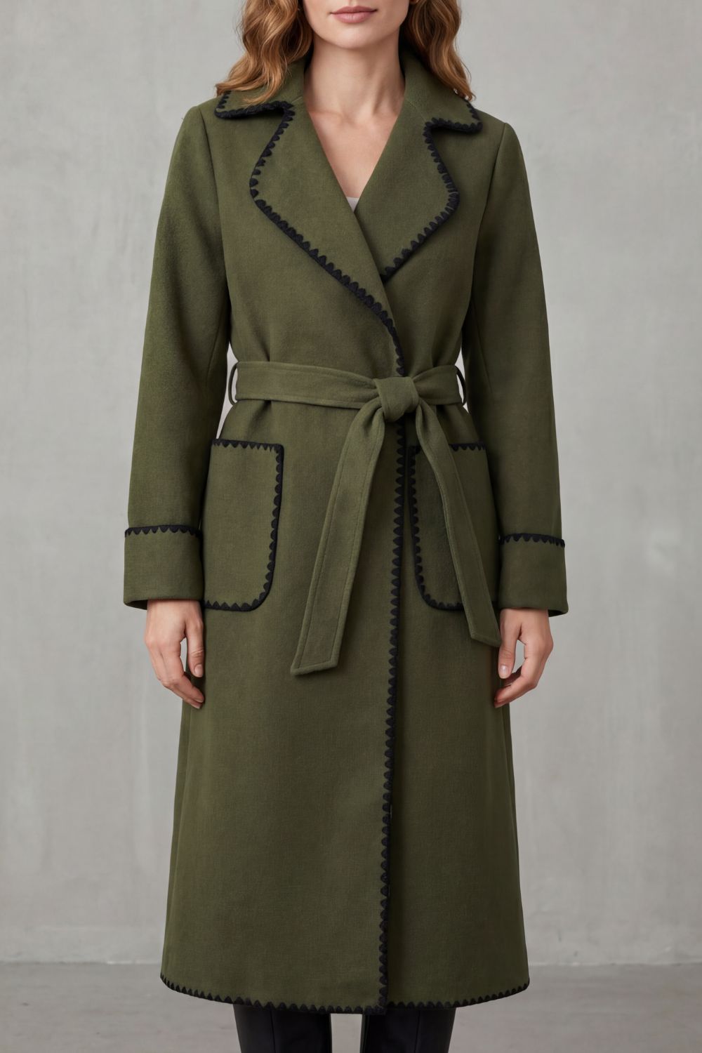 Olivia Contrast Trim Belted Longline Wrap Coat - Olive