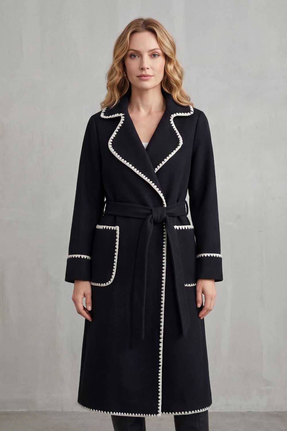 Olivia Contrast Trim Belted Longline Wrap Coat
