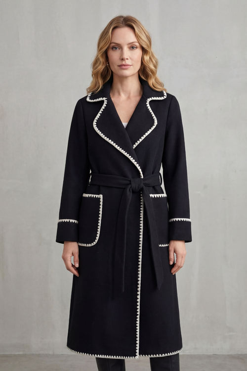 Olivia Contrast Trim Belted Longline Wrap Coat