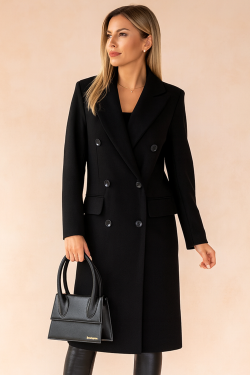 Kendal Double Breasted Tailored Long Coat - Black