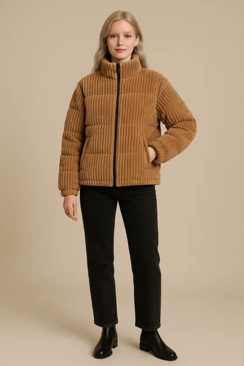 Nara High Neck Quilted Puffer Jacket - Brown
