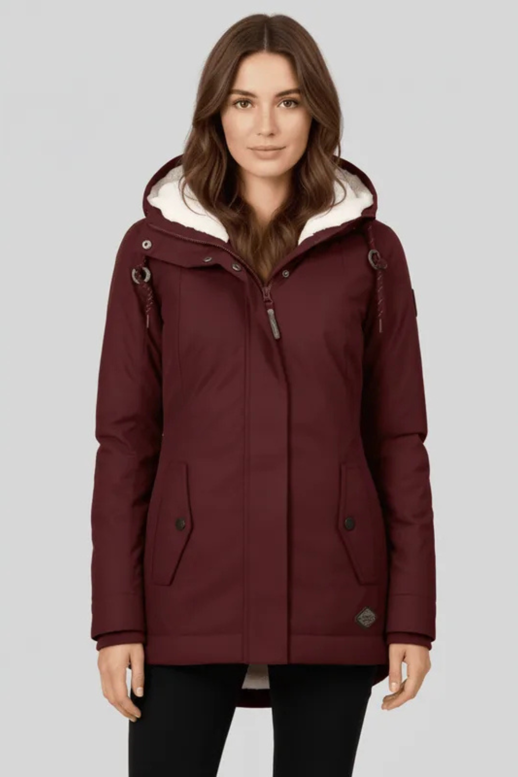 Mira Fleece Lined Hooded Longline Parka Coat - Burgundy