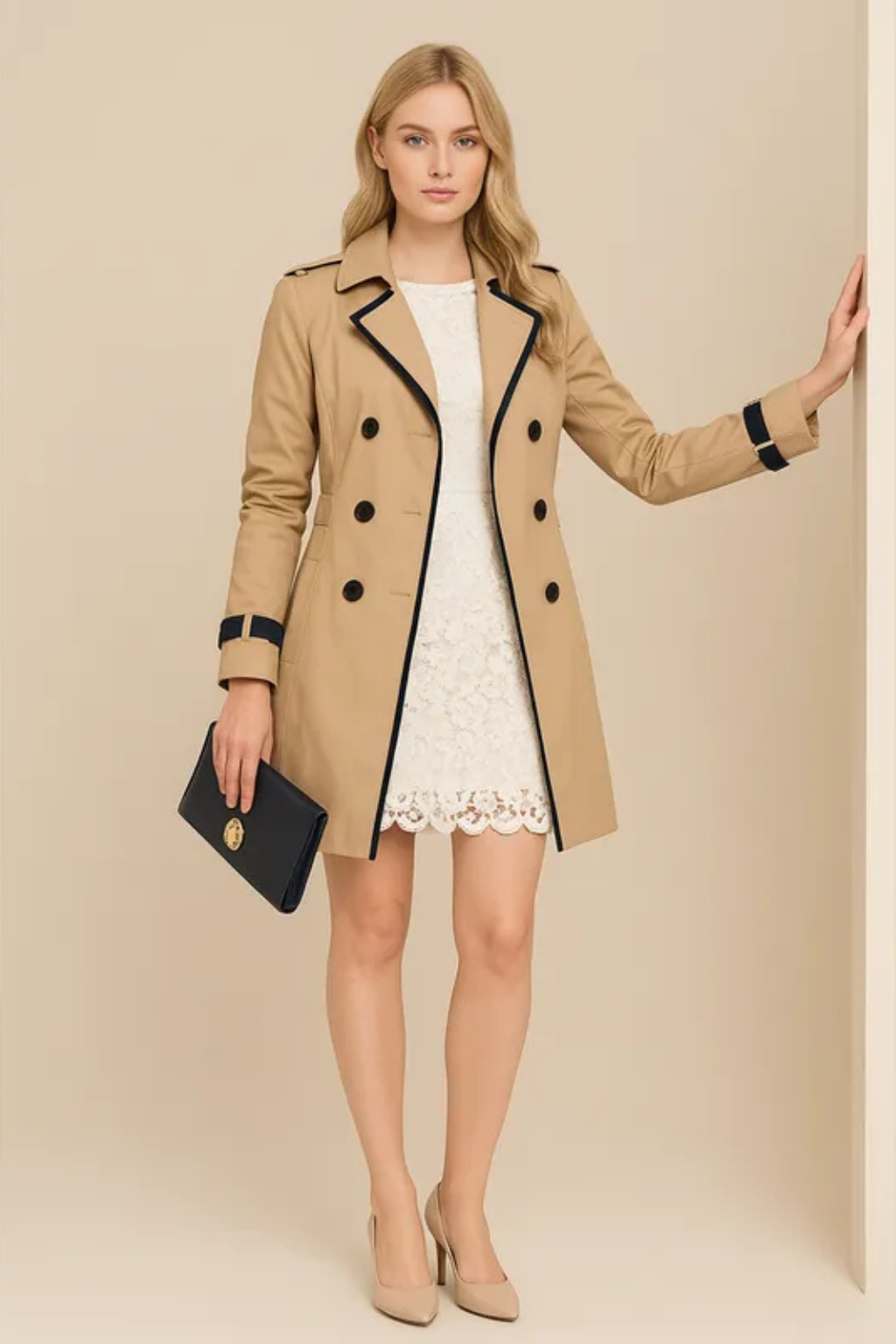 Jenna Double Breasted Trim Trench Coat - Khaki