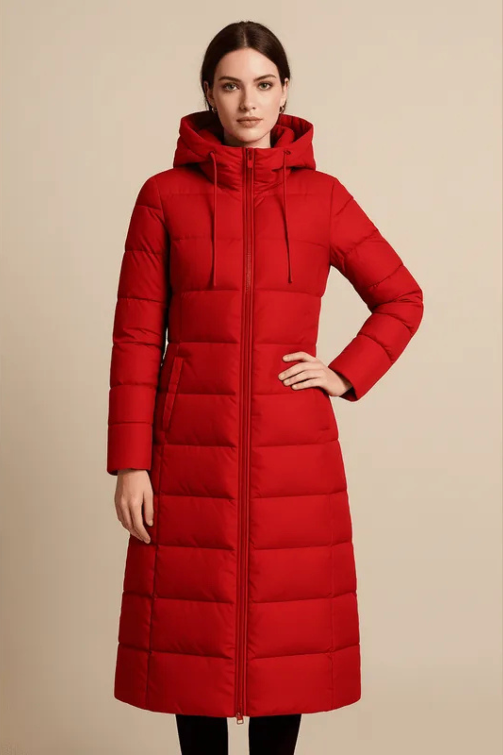 Rhea Hooded Quilted Longline Puffer Coat - Red
