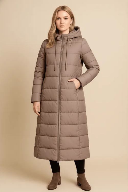 Rhea Hooded Quilted Longline Puffer Coat - Khaki