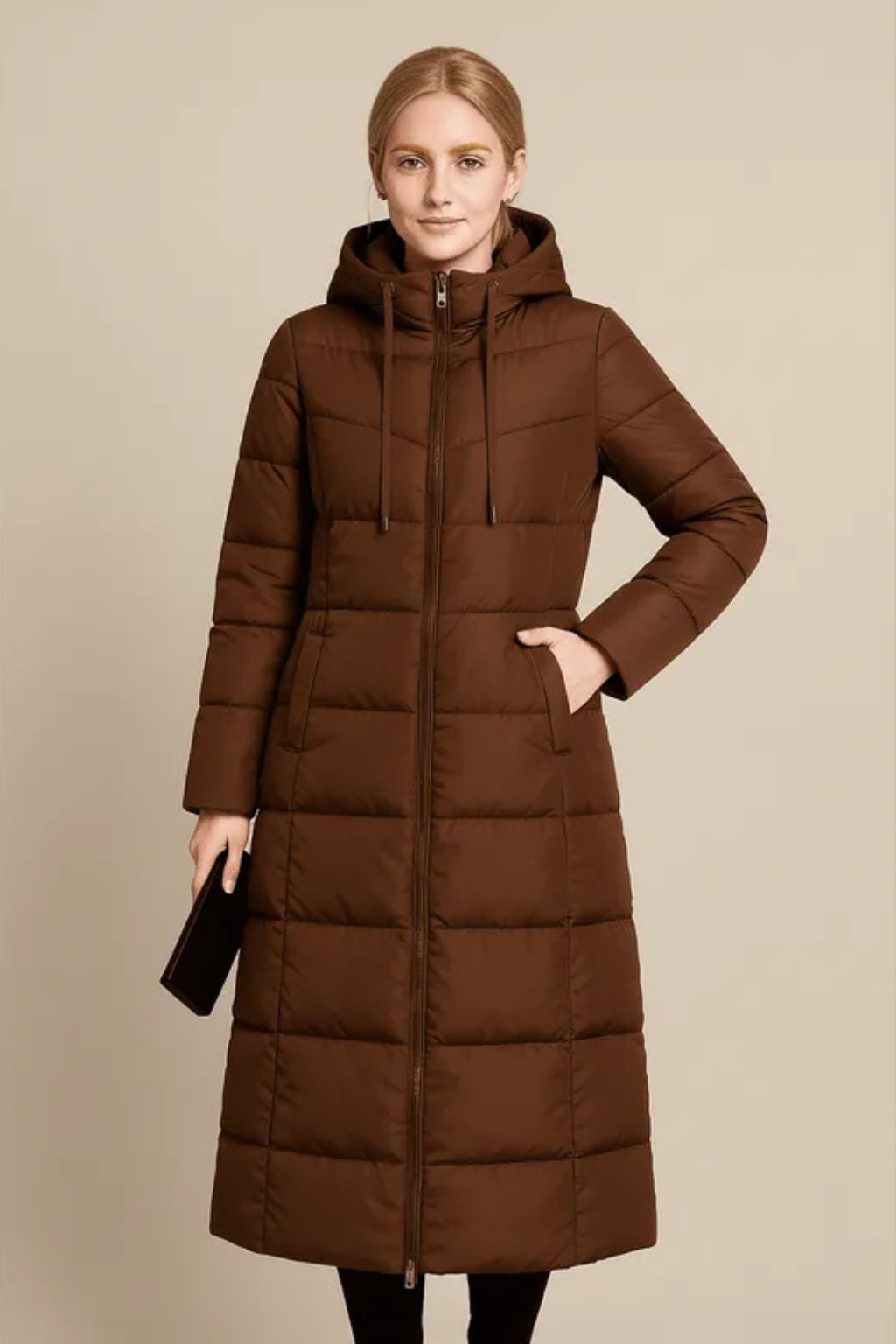 Rhea Hooded Quilted Longline Puffer Coat - Brown