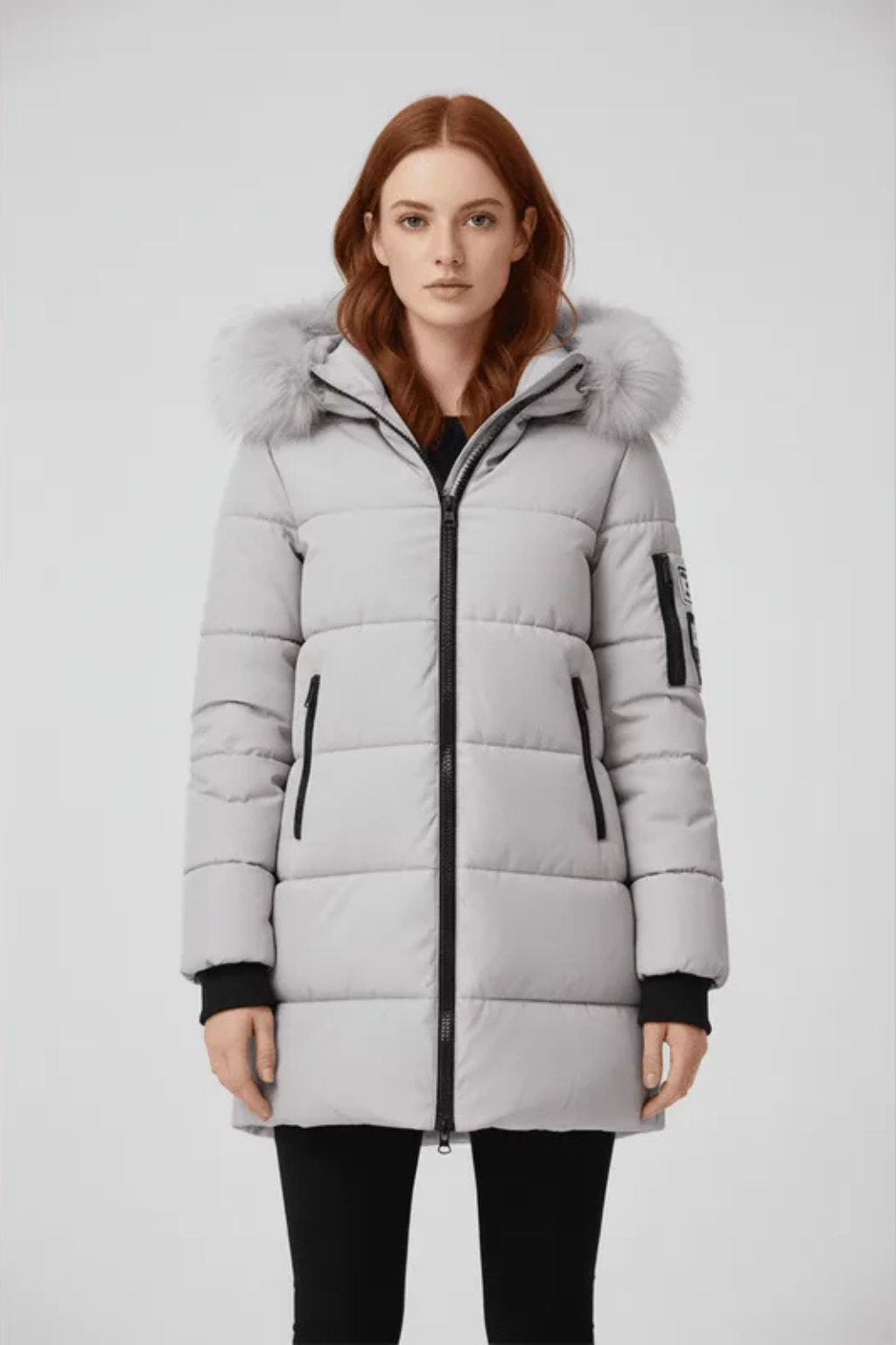 Sorelle Faux Trim Hooded Longline Puffer Coat - Gray