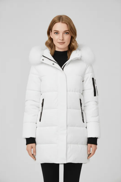 Sorelle Faux Trim Hooded Longline Puffer Coat - White