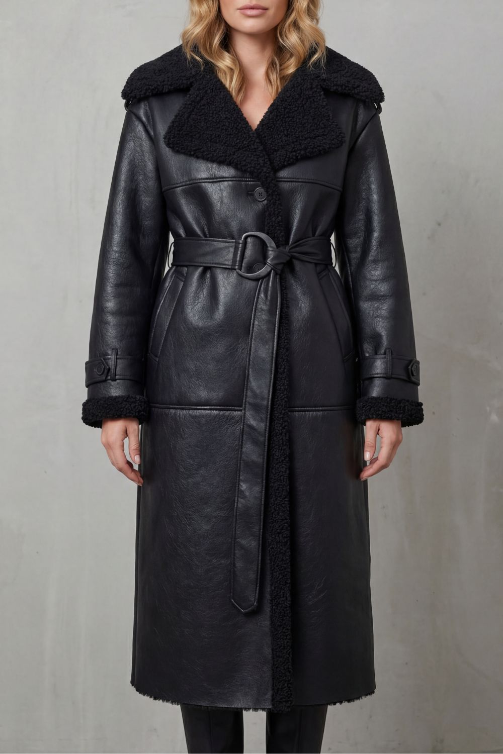 Ravienne Oversized Shearling Trim Belted Longline Aviator Coat - Black