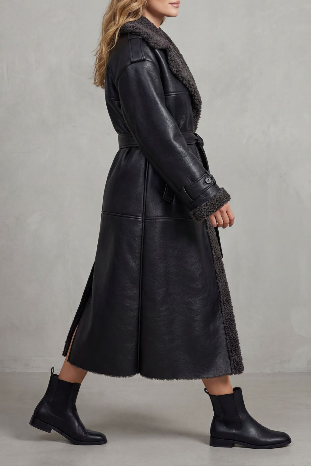 Ravienne Oversized Shearling Trim Belted Longline Aviator Coat