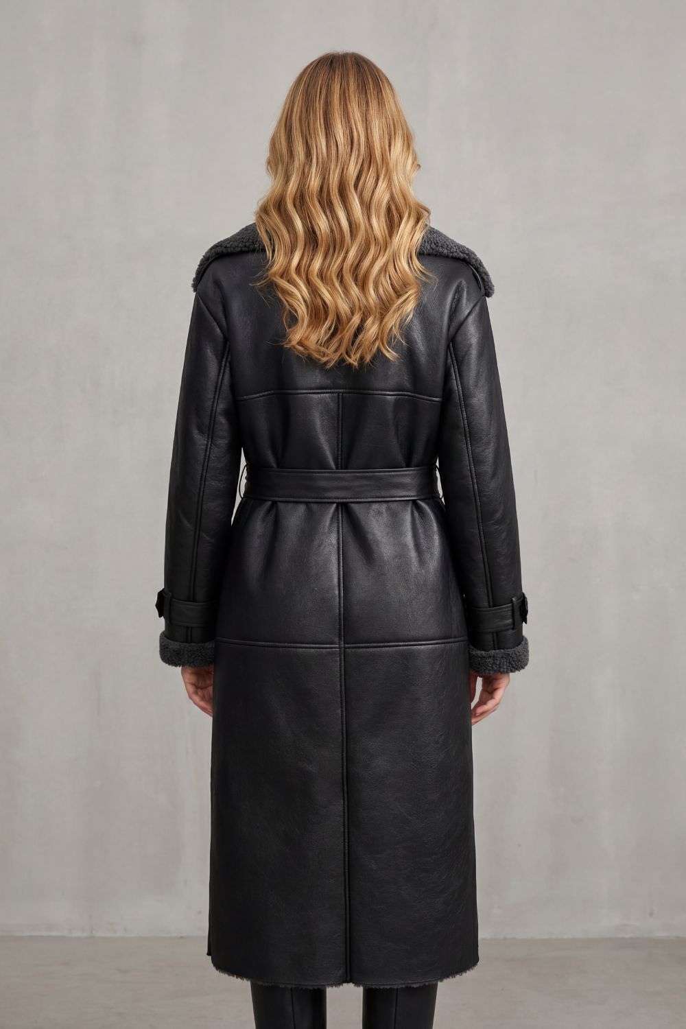 Ravienne Oversized Shearling Trim Belted Longline Aviator Coat