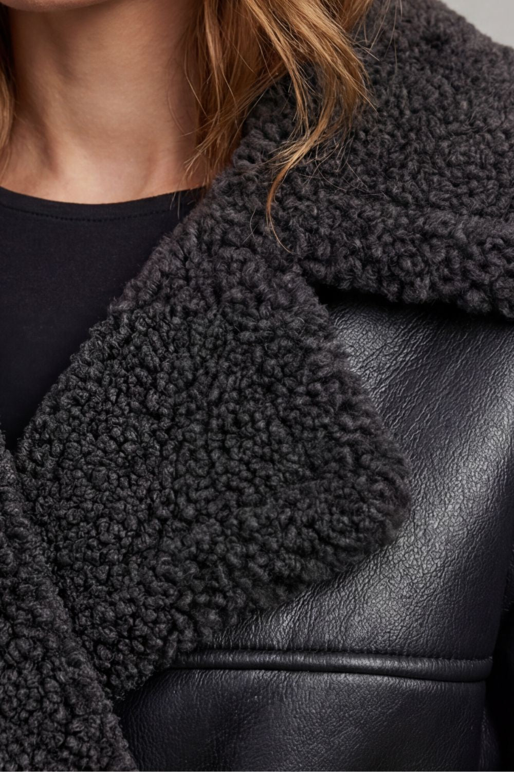Ravienne Oversized Shearling Trim Belted Longline Aviator Coat
